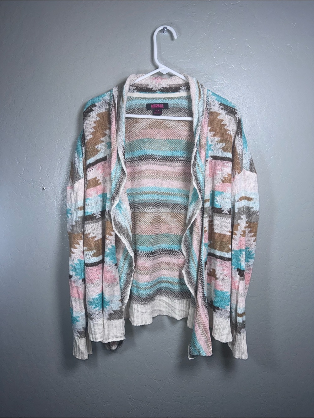 Rock & Roll Denim Aztec Open Front Cardigan Sweater XL Boho Western Southwestern
